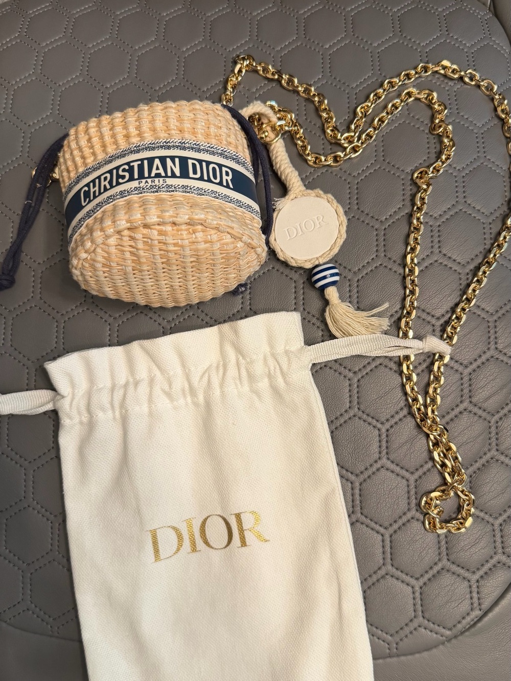 Dior Mini Raffia Bucket Bag Natural and Navy with Gold Chain and original strap - Picture 7 of 12